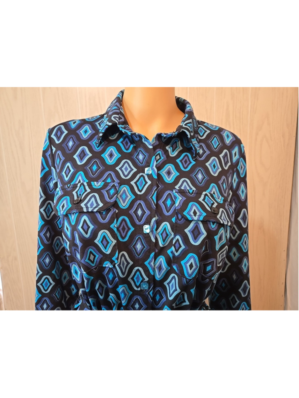 Ann Taylor Geo Print Shirt Dress Medium Navy Blue Midi Belted Button Front - Picture 4 of 8